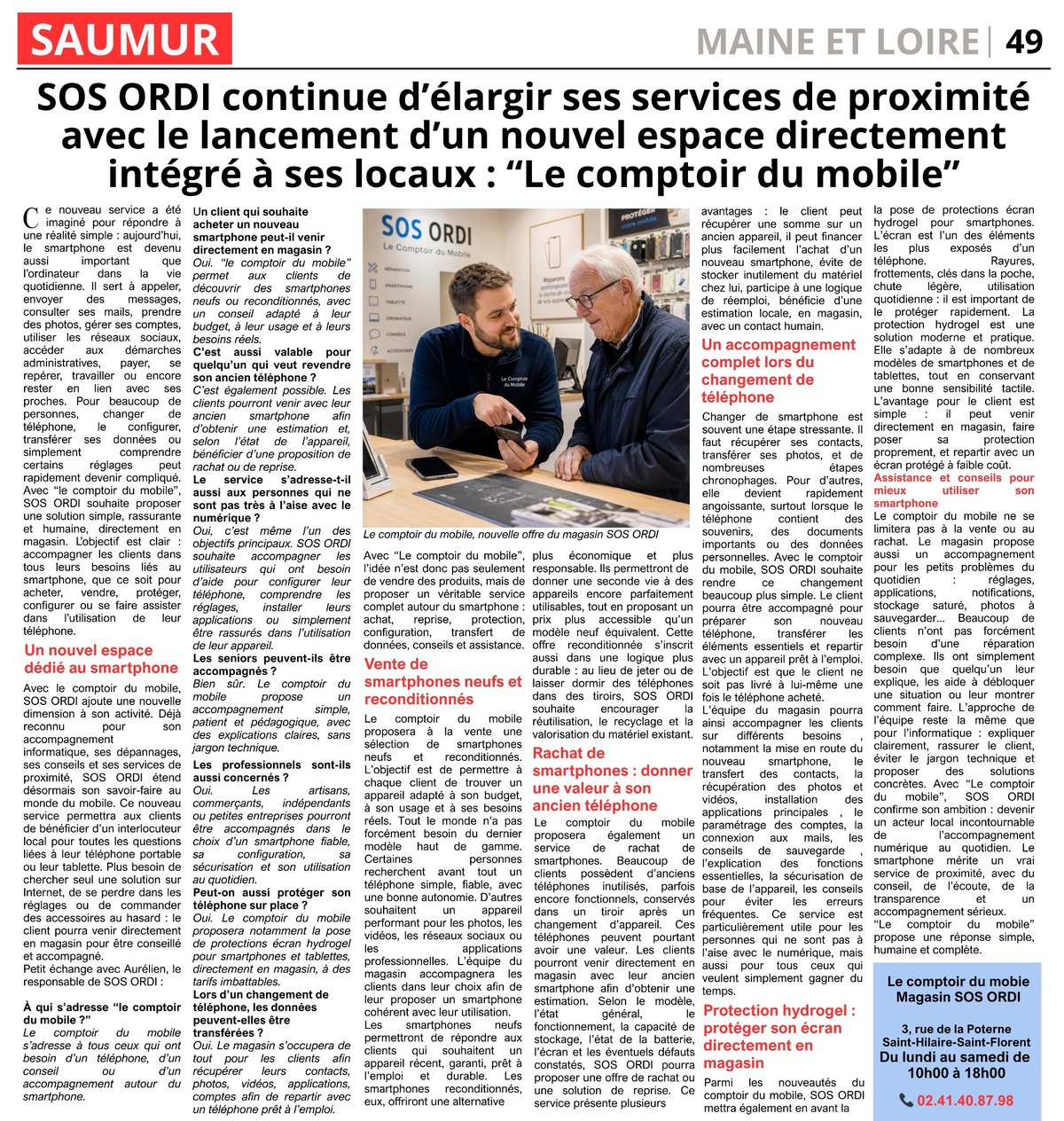 Article de presse annonçant le lancement du Comptoir du Mobile chez SOS ORDI